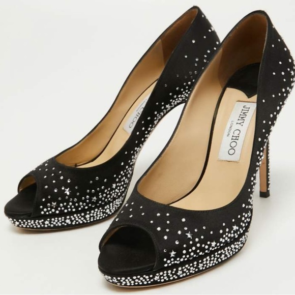 $1385 JIMMY CHOO “THE DALI Swarovski Jewel Platform Satin Peep Heels 37.5 NWT - Picture 4 of 16